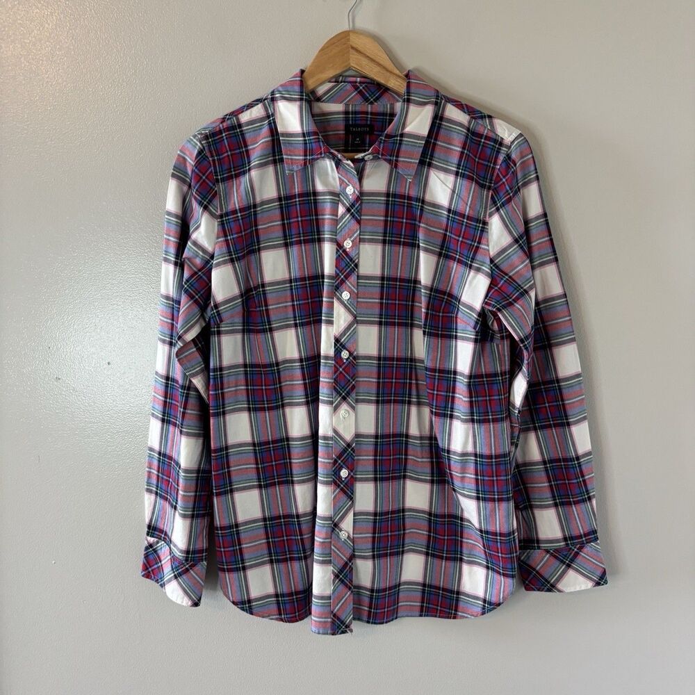 Talbots Plaid Button Up Top Red Blue Long Sleeve Shirt Sz Medium